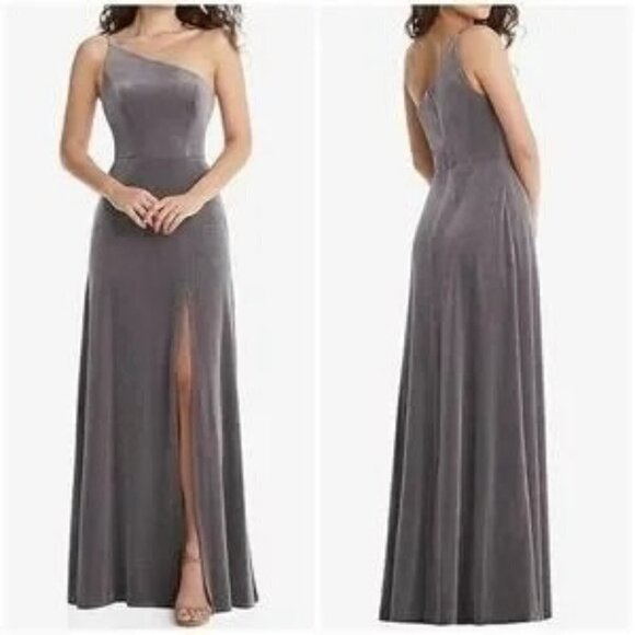 After Six Womens One Shoulder Velvet Maxi Dress Gown Caviar Gray Size 12R NWT - Picture 1 of 7